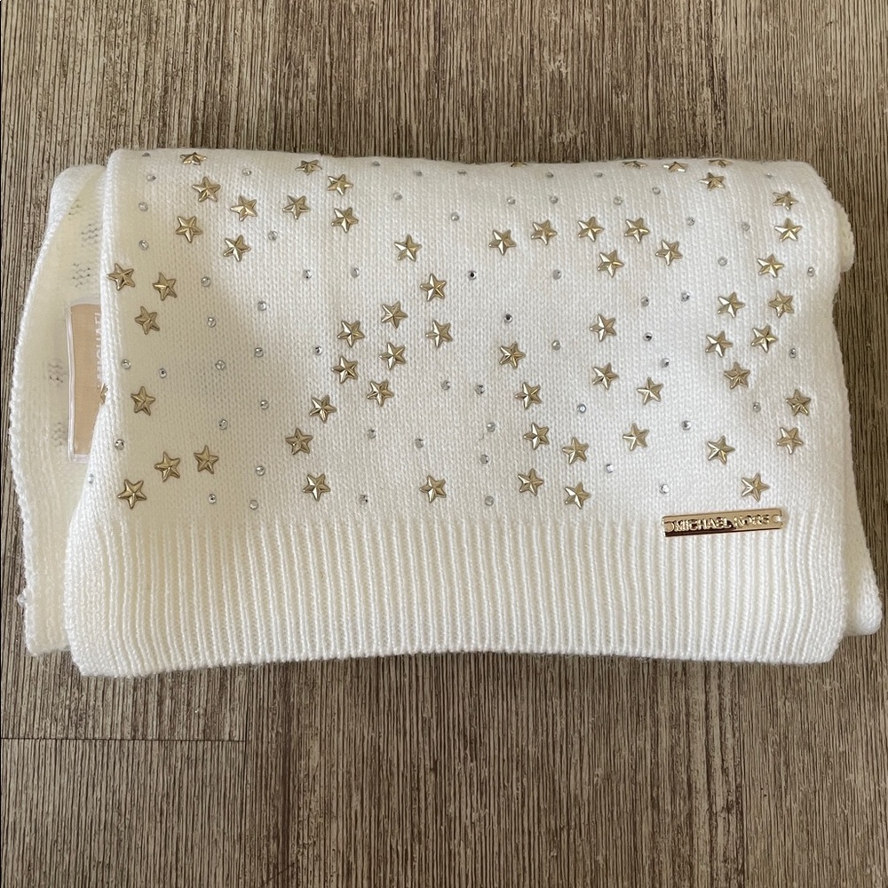 Michael Kors Knit Sequin Sparkle Embellished Creme Gold Star Scarf Wrap